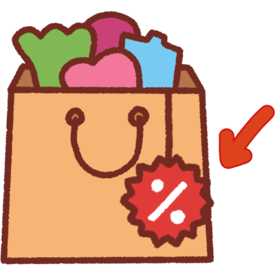 A shopping bag with things in it with a logo percent sign indicating it's on sale